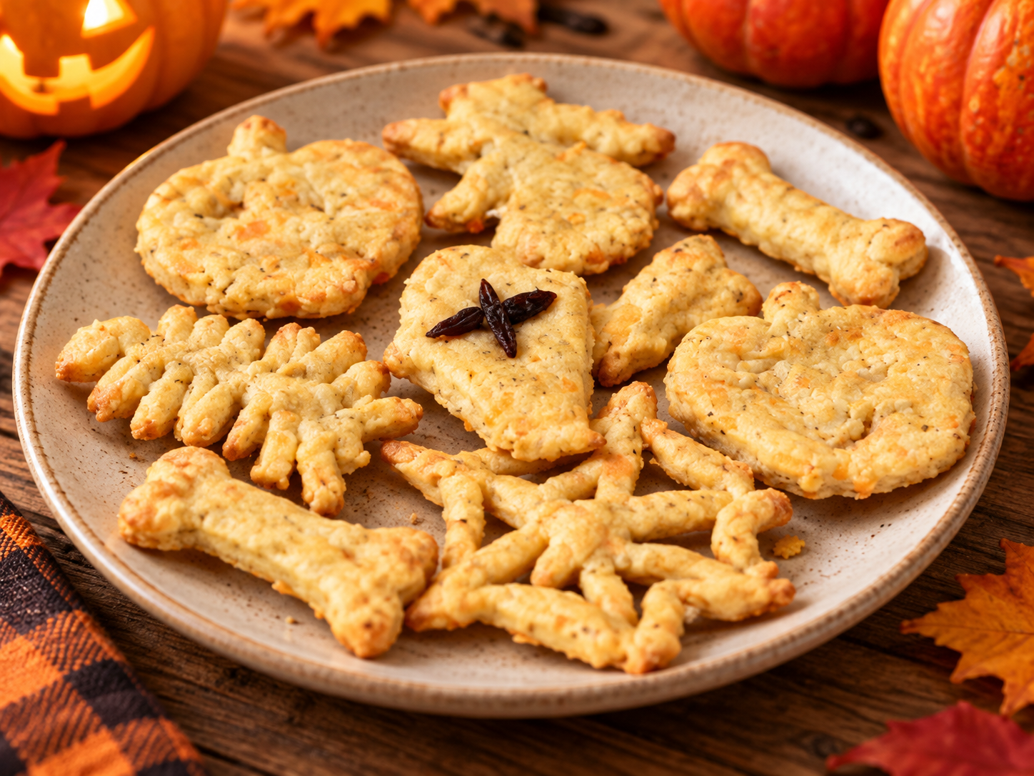 Selbst gemachte Halloween-Käsecracker in Form von Kürbissen, Gespenstern und Knochen auf einem Teller