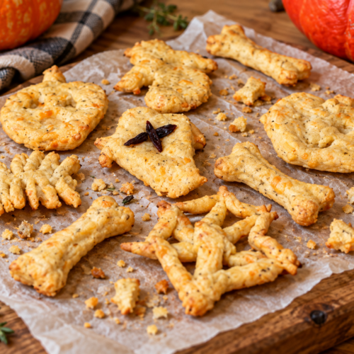 Herzhafte Halloween-Käsecracker in verschiedenen Gruselformen auf Backpapier