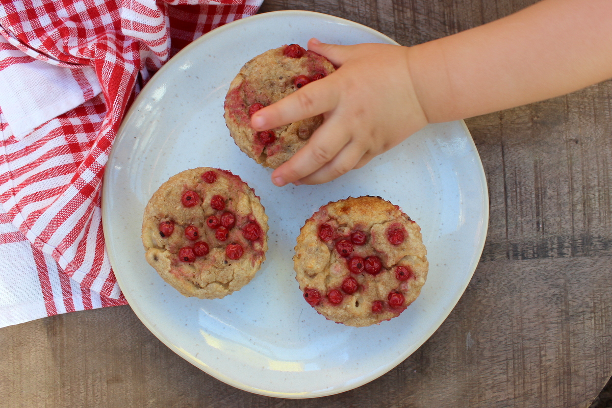 Kinderhand greift nach Johannisbeer-Muffins mit Joghurt und roten Johannisbeeren