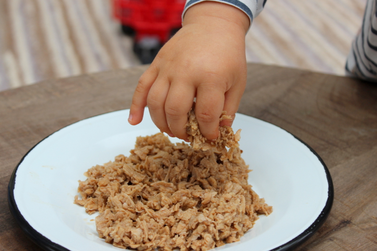 baby isst thunfisch mit der Hand von einem weißen Teller