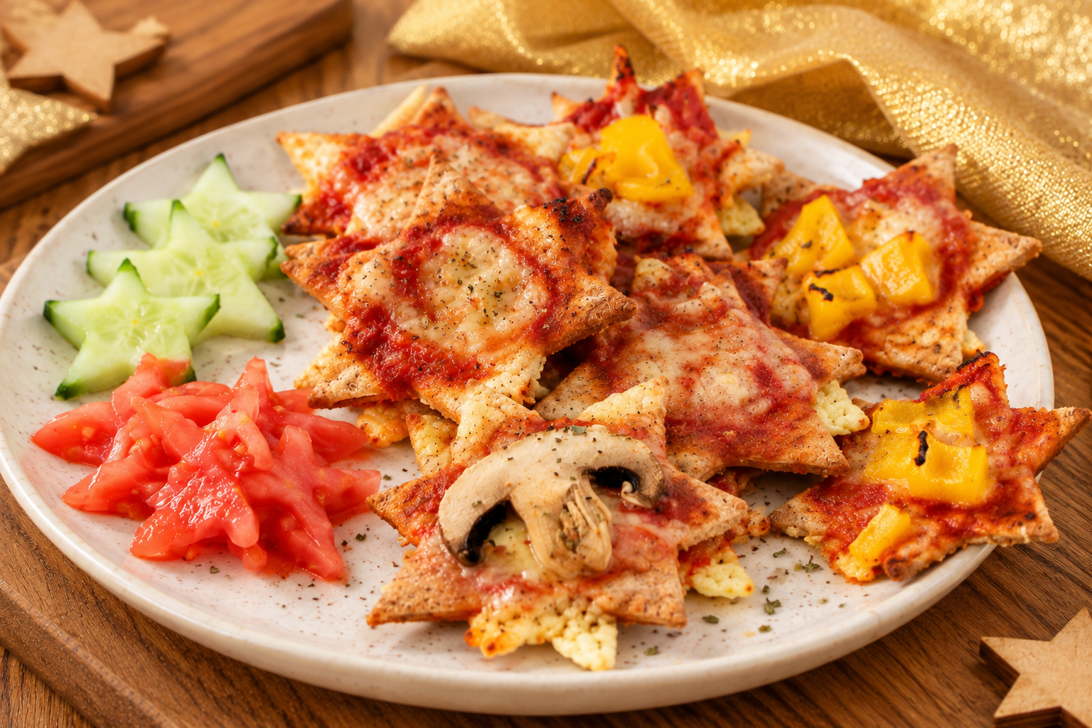 Festliche Sternchenpizzen auf Holztisch